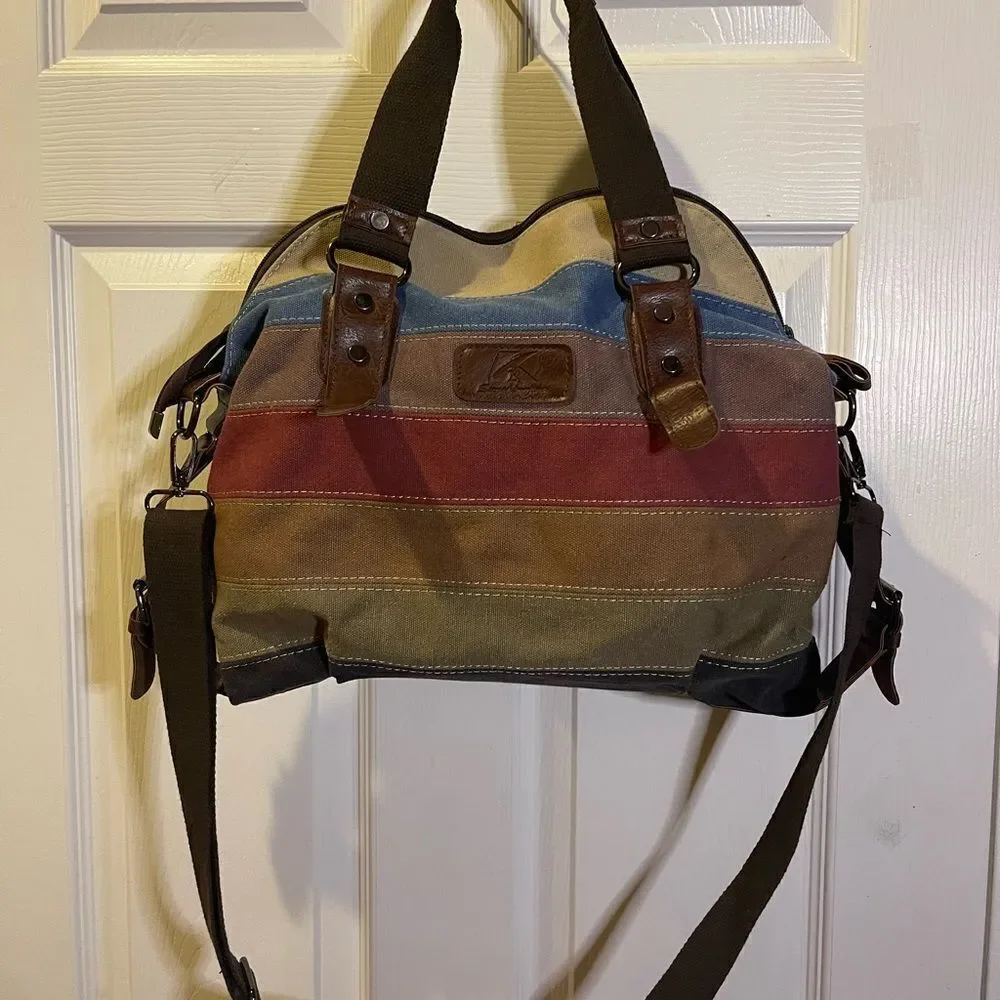 SUNSHINEJING Striped Canvas Tote Crossbody Strap Double Handles